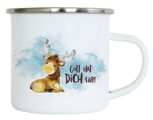 Emaille Becher Gott hat dich lieb/Elch - Robuste Tasse