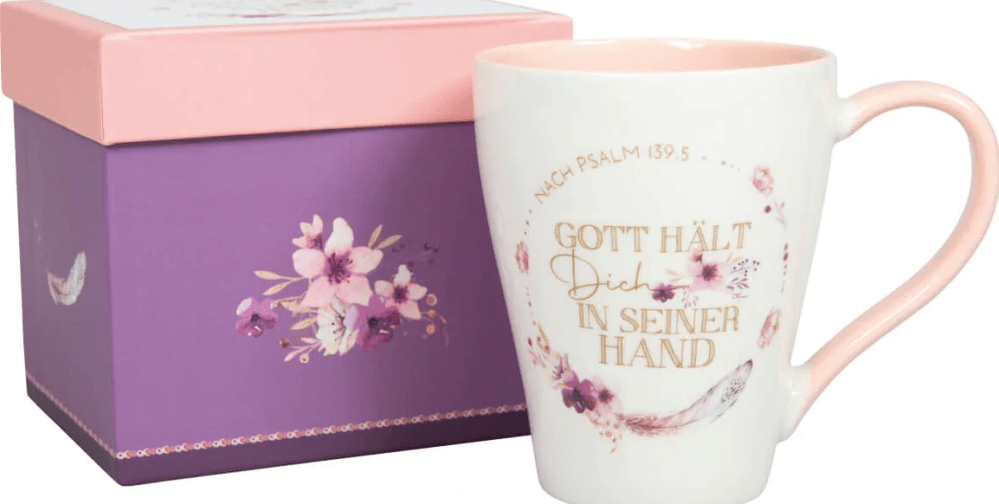 Tasse - Gott hält Dich in seiner Hand - weiss, rosa, 350ml