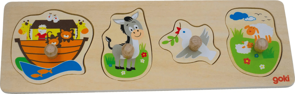 Arche Noah, Esel, Taube, Schäfchen - Steckpuzzle (Holz) - 4 Teile. 30 x 10 x 2,4 cm