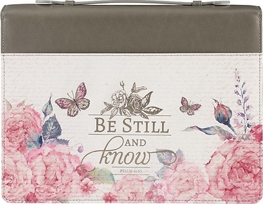 Pochette Bible, taille XL,"Be still" papillon, similicuir rose, poignée