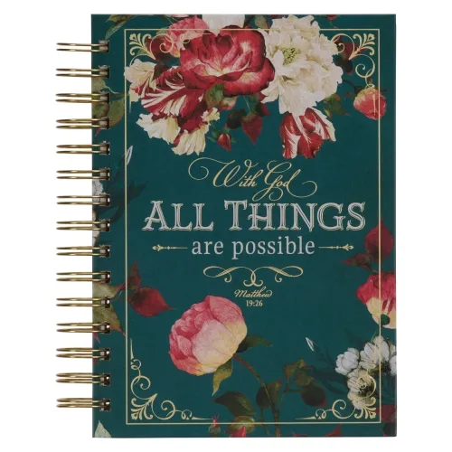 Notizbuch - All things / Alle Dinge / Mt 19:26 - mit Spiralbindung, blaugrün, Blumenmotif