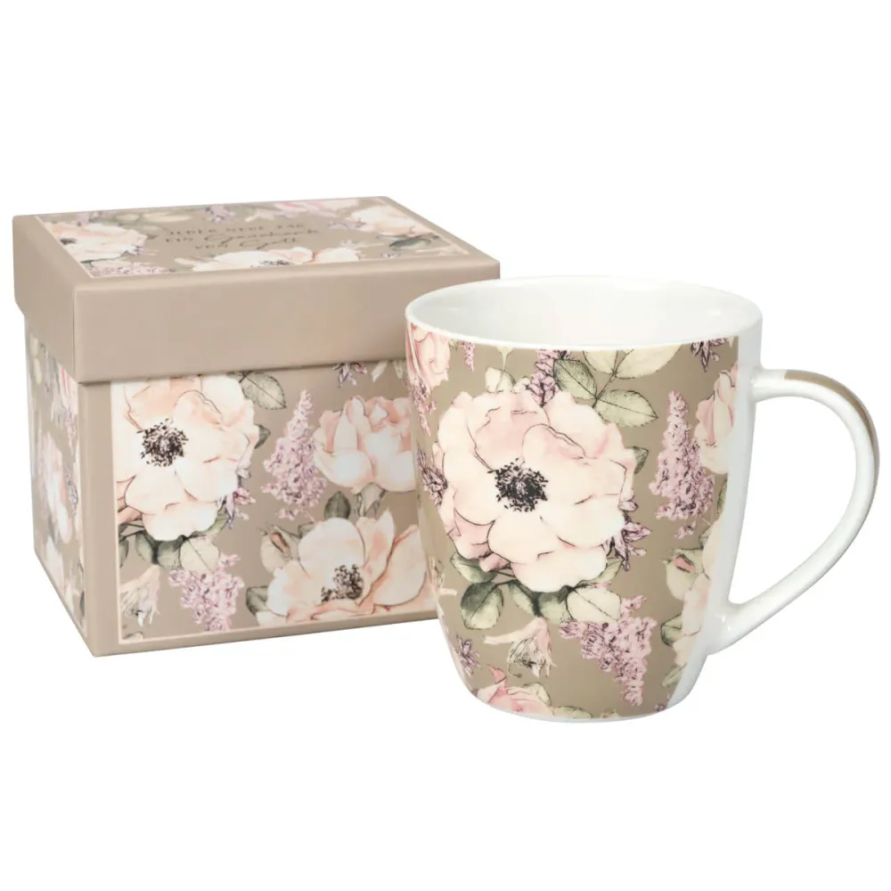 Tasse - Jeder neue Tag ein Geschenk von Gott - beige, Blumen, 350ml