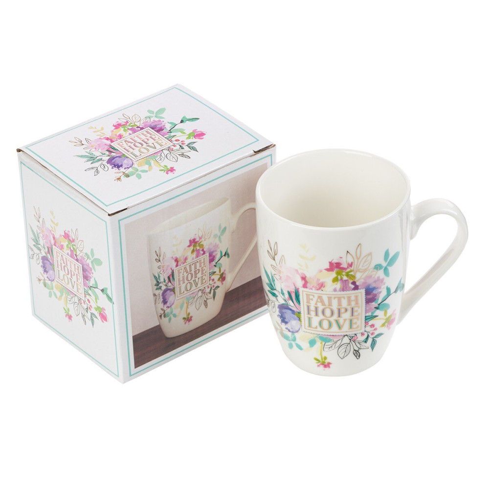 Tasse - Faith, Hope, Love - weiss, Blumen, 360ml