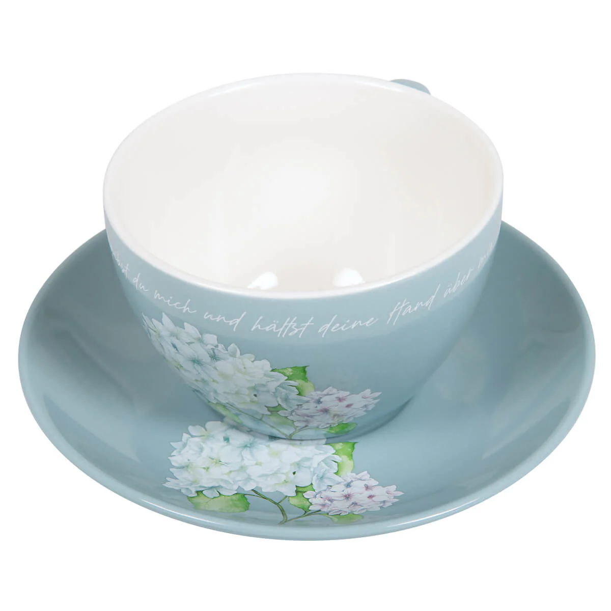 Tasse mit Untertasse - Von allen Seiten umgibst du mich - 250ml, blau Motiv Hortensie