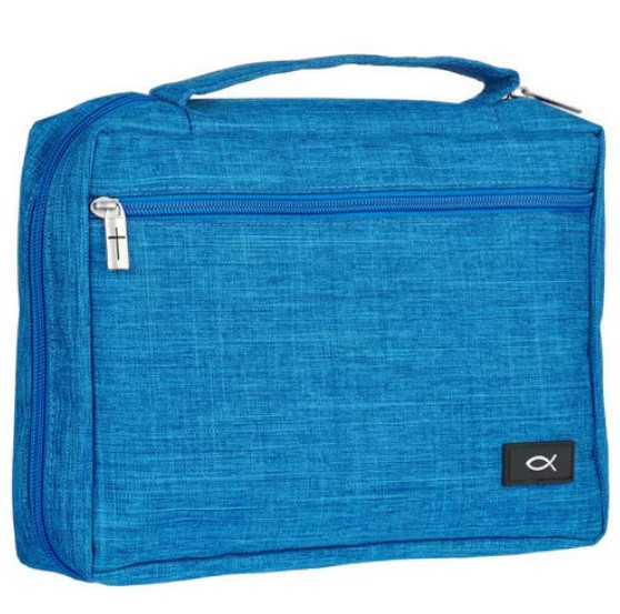 Bibelhülle Ichtus S - hellblau, mit Reissverschluss, Seitentasche und Tragehenkel