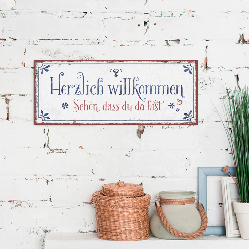 Herzlich willkommen (Metallschild) - 34,5 x 14 cm