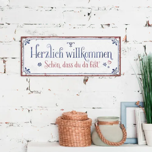 Herzlich willkommen (Metallschild) - 34,5 x 14 cm