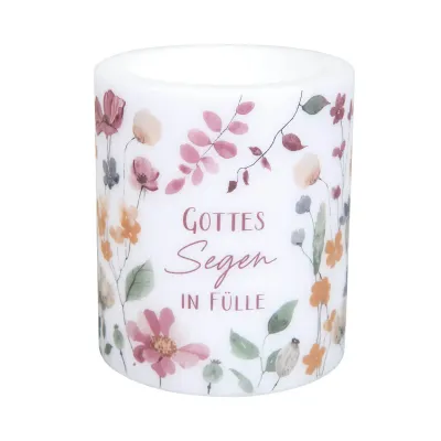 Gottes Segen in Fülle - Wachskerze Windlicht - Höhe: 10,5 cm. Durchmesser: 9 cm
