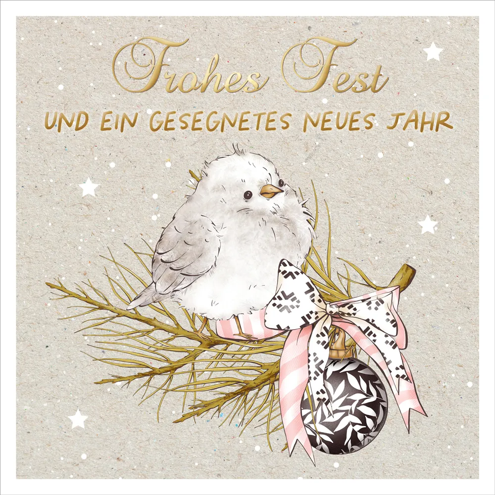 Doppelkarte Weihnachten Vogel auf Zweig ENC - Lukas 2,10.11