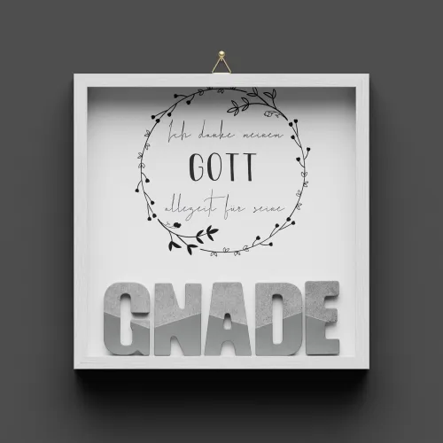 Cementini Wandbild GNADE - Holzrahmen weiss lackiert mit Aufhänger, - 20x20cm