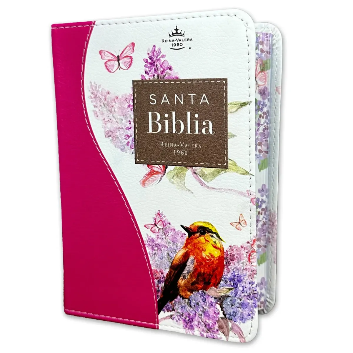 Spanisch, Reina Valeras 1960 Bibel - Taschenformat, gebunden, Kunstleder rosarot, Motiv Vogel