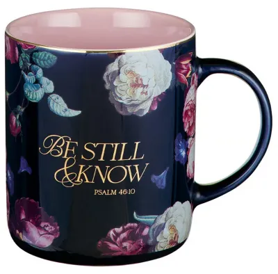 Tasse - Sei ruhig und erkenne - dunkelblau, Rosen, 414ml