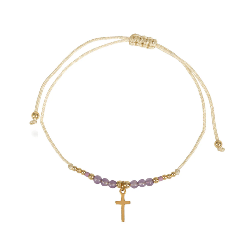 Textil-Armband mit Perlen und Kreuz (lila) - mit farbigen Kunststein-Perlen + Kreuz aus Edelstahl