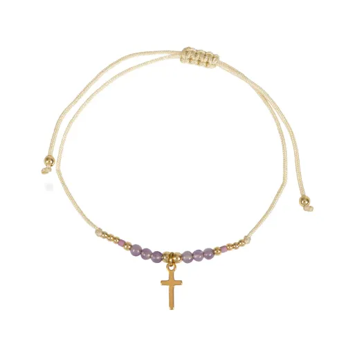 Textil-Armband mit Perlen und Kreuz (lila) - mit farbigen Kunststein-Perlen + Kreuz aus Edelstahl