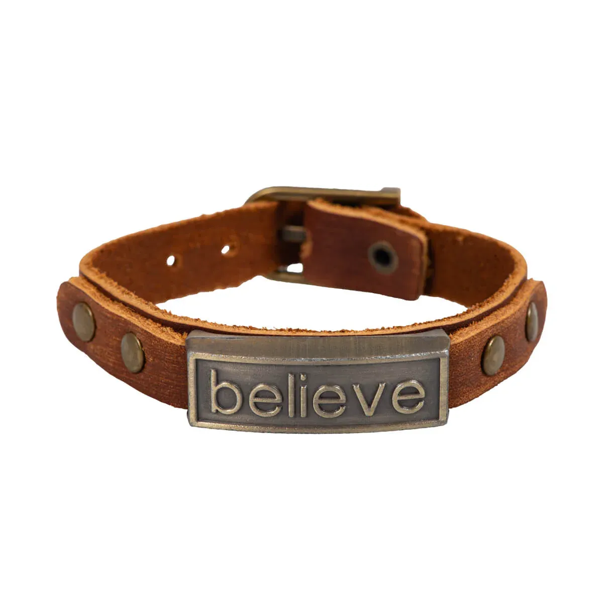 Believe - Leder-Armband (braun) - mit Metallplatte + Nieten, Größe verstellbar, Länge 23 cm