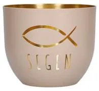 Segen' Metall-Windlicht mit Fischmotiv - Teelichthalter außen graubeige-matt, innen goldveredelt,...