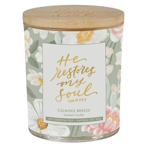He Restores My Soul Calming Breeze Scented Candle in a Glass Jar