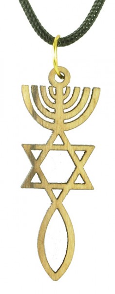 Kreuz-Anhänger: Menorah-Davidstern-Ichthys (Olivenholz)