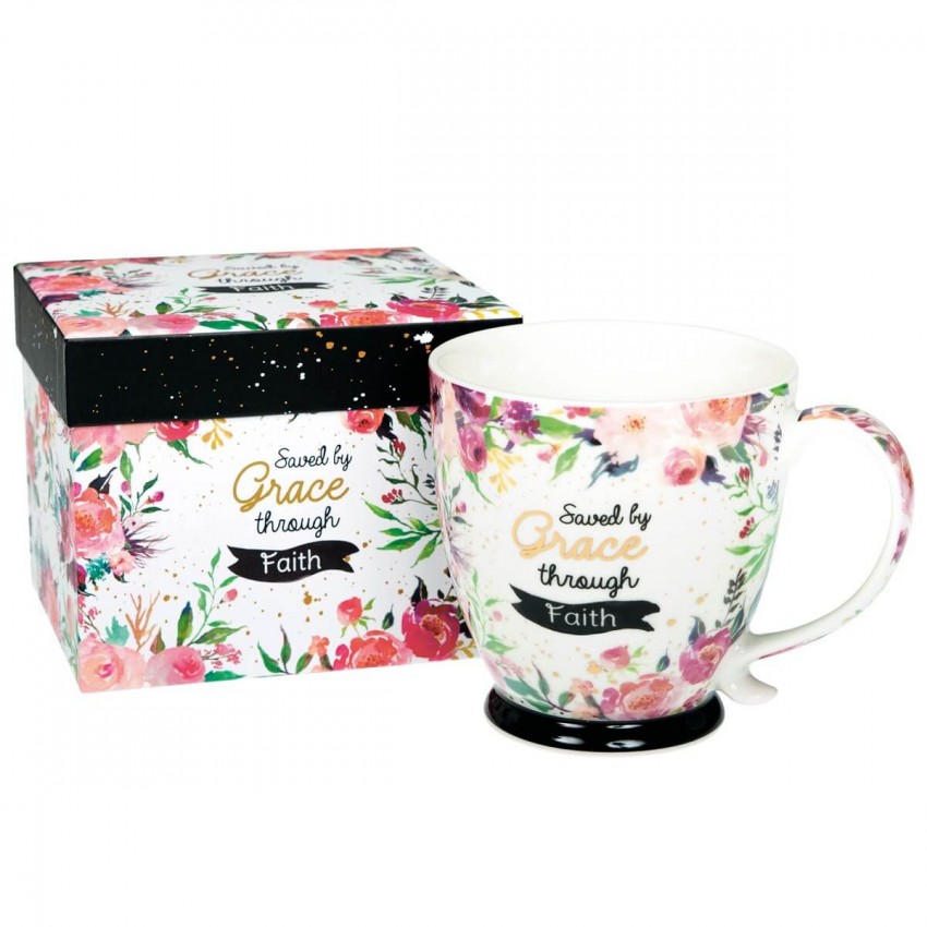 Tasse - Saved by Grace through Faith - weiss, Blumen, 380ml