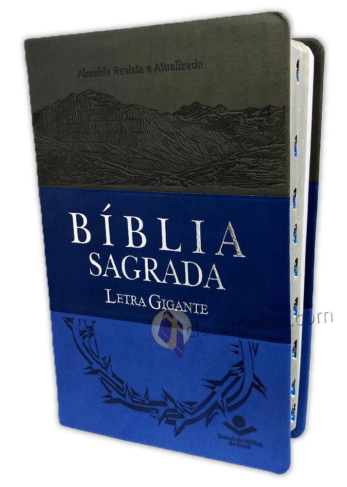 Portugais, Bible Almeida Revista e Atualizada, Gros caractères - Similicuir bleu et gris avec couronnes d'épines