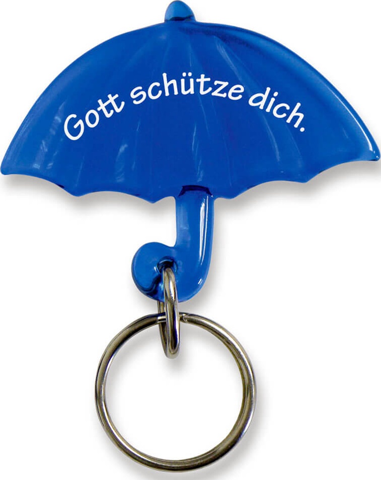 Gott schütze dich - Schlüsselanhänger Schirm (blau) - Farbiges Acryl, mit Textaufdruck "Gott schütze dich"