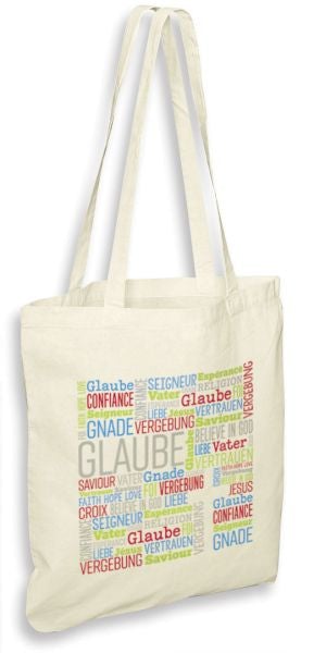 Glaube - Baumwolltasche - 38 x 42 cm, Tasche mit Glaubensworten in deutsch, englisch und französisch