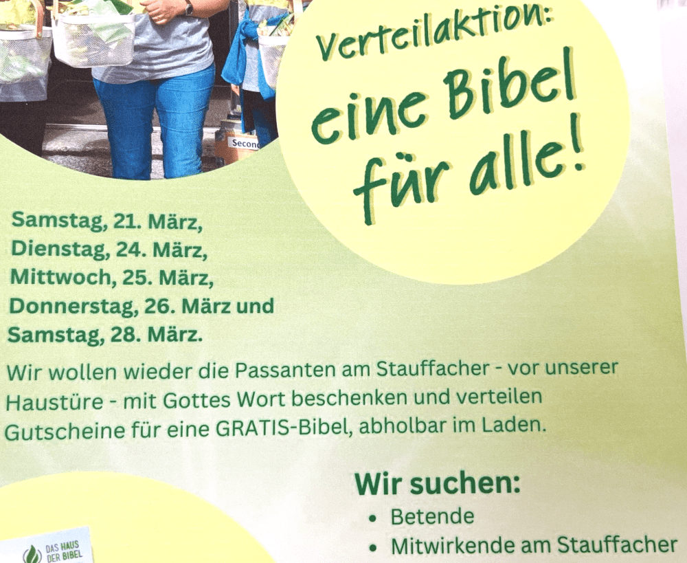  Beten und/oder mitmachen und was erleben! 
 Einfach notieren: "Infos zur Verteilaktion" im Kontaktformular... 
 Wie läuft so eine Verteilaktion ab, wann kann ich teilnehmen? Antworten folgen per Email oder auf Wunsch per Whatsapp. 